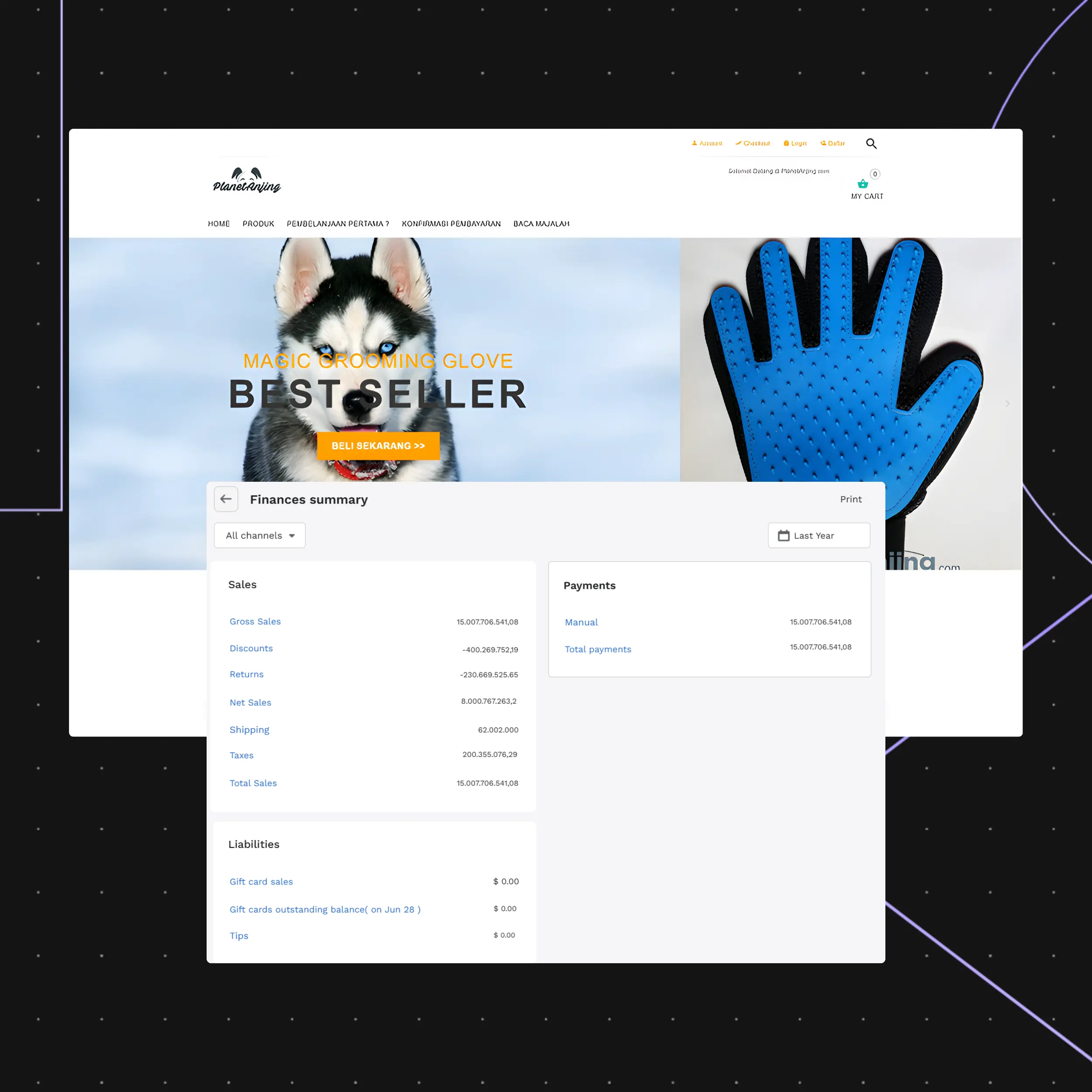 Grooming glove sales and finance summary report.